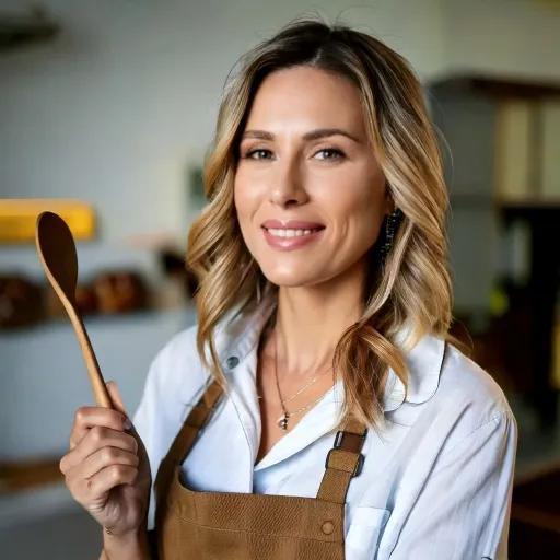 Portrait de Camille, cheffe de cuisine de 40 ans, portant une veste blanche et un tablier foncé, souriante dans une cuisine professionnelle